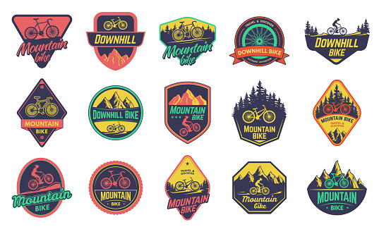 Mountain bikes badge. Downhill sticker, outdoor freestyle bicycle and bike riders emblems vector set. Extreme sportsman traveling on cycling vehicles, discovering nature. Leisure hobby