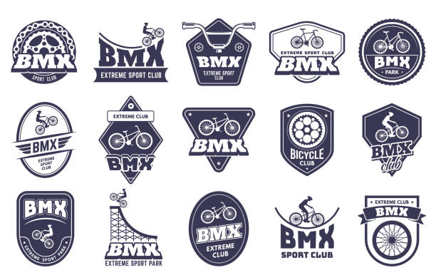 illustrazioni stock, clip art, cartoni animati e icone di tendenza di distintivi di motocross per biciclette. etichetta bmx extreme, emblema della bici sportiva e set vettoriale del club del ciclista - bmx