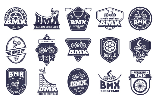 Bicycle motocross badges. Bmx extreme label, sport bike emblem and bicycle rider club vector set. Sportsman riding on bikes, exercising on vehicles, leisure hobby activity isolated on white