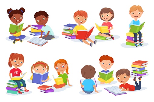 Reading kid. Cartoon children read book, literature for kids, boys and girls readers group with piles of books vector set. Pupils holding textbooks and learning. Characters having education