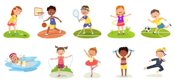Vector illustration of Sport kids. Basketball kid, karate boy and girl playing golf. Swimming, soccer and tennis activities. Jump rope, spin a hoop, do ballet and exercises vector set