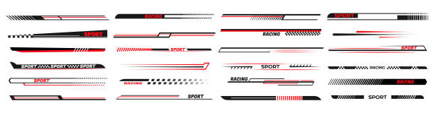 ilustrações de stock, clip art, desenhos animados e ícones de race car lines. sport stripes vinyl stickers, racing vehicle tuning and speed line vector set - sport race