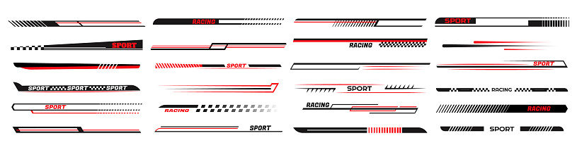 Race car lines. Sport stripes vinyl stickers, racing vehicle tuning and speed line vector set. Red and black modern elements for vehicles for automobiles identity marks isolated on white