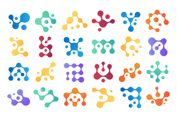 Connected molecules. Chemical icon, metaball shape and biology science data vector symbols set Connected molecules. Chemical icon, metaball shape and biology science data vector symbols set. Biological structures logo templates. Colorful fluid shape chains, futuristic isolated particles laboratory technician icon stock illustrations
