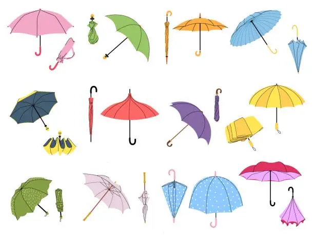 Vector illustration of Various umbrellas. Folded parasol, open umbrella for rainy weather. Different shape accessories vector set