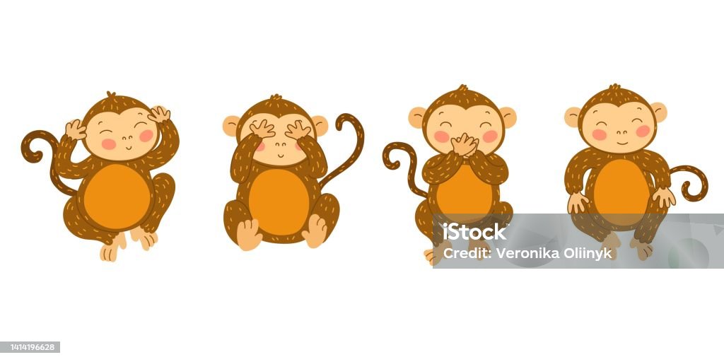 Ilustración de Monos Sabios Lindo Simio Con Las Manos Cubriendo Boca Ojos Y  Oídos Mono Ciego Sordo Y Mudo Ver Oír Y Hablar No Ilustración Vectorial De  Dibujos Animados Malvados y más