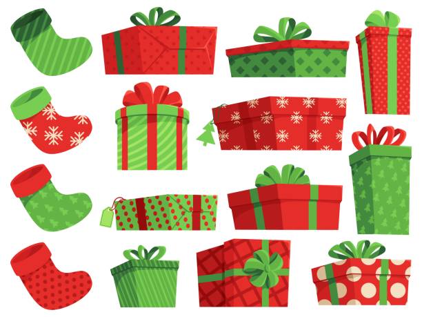 ilustraciones, imágenes clip art, dibujos animados e iconos de stock de regalos de navidad. medias navideñas para regalos, cajas envueltas decoradas para las vacaciones de invierno. caja de regalo con puntos, rayas y conjunto vectorial de patrones de copos de nieve - regalos navidad
