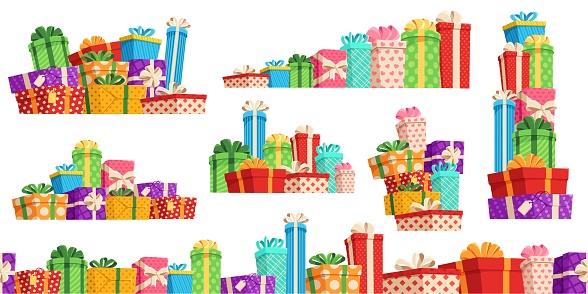 Gift box pile. Many gifts, lot of wrapped surprise boxes with ribbon bows and colorful birthday presents seamless divider vector set. New year, christmas and anniversary bright packages