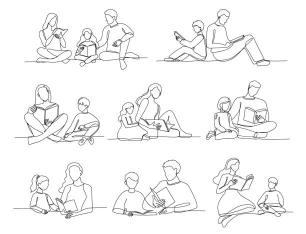 One line reading for kids. Readers family, parents read books with children. Mother, father and kid with book lifestyle vector Illustration set One line reading for kids. Readers family, parents read books with children. Mother, father and kid with book lifestyle vector Illustration set. Preschool boys and girls learning with adults boy and girl reading stock illustrations