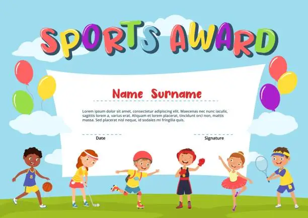 Vector illustration of Kids sport diploma. Active kid certificate, school award template with happy boys and girls practicing sports cartoon vector Illustration