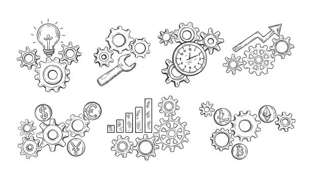 Hand drawn gear. Idea light bulb, financial mechanism charts and time clock gears sketch vector set Hand drawn gear. Idea light bulb, financial mechanism charts and time clock gears sketch vector set. Working business parts for earning money. Industrial rotating equipment showing progress drawing of hand tool stock illustrations