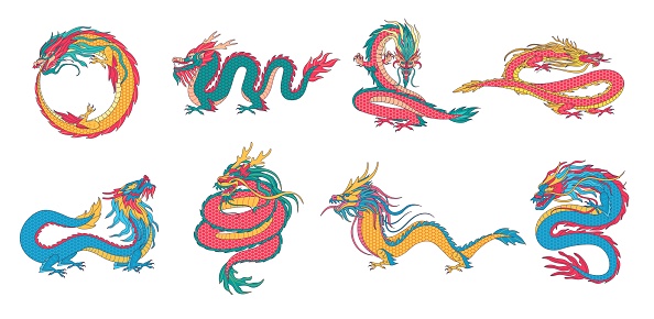 Asian dragons. Chinese mythological creatures, ancient legend animals and ouroboros dragon vector illustration set. Traditional mythical beasts, astrological or zodiac symbols for tattoos