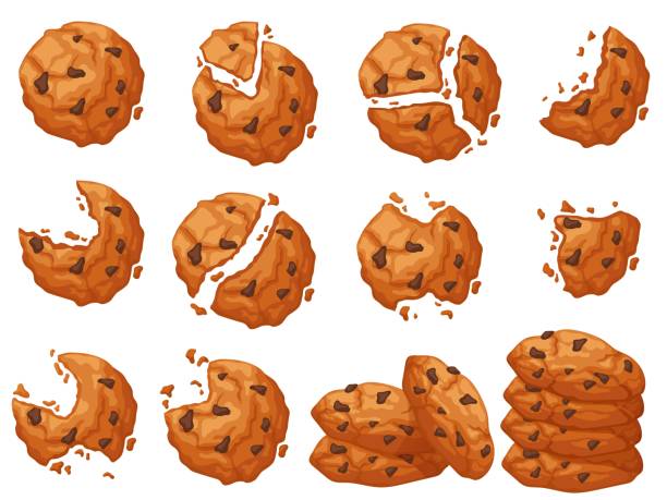 illustrations, cliparts, dessins animés et icônes de biscuit aux pépites de chocolat. dessert cassé et mordu avec des miettes autour. ensemble vectoriel de pile de cookies - biscuit cookie cracker missing bite