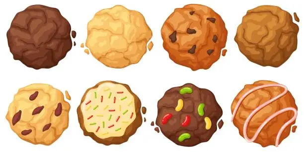 Vector illustration of 2207.m01.i028.n008.P.c30.795630172 Sugar cookie. Chewy sprinkles, chocolate chip, soft frosted and fudge oatmeal cookies top view vector Illustration set