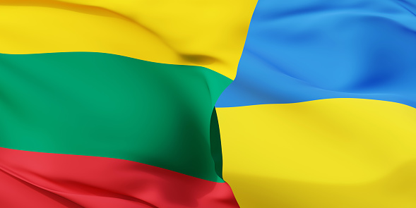 Lithuanian and Ukrainian flags flying in the wind. Lithuania stand with Ukraine. 3D rendered image.