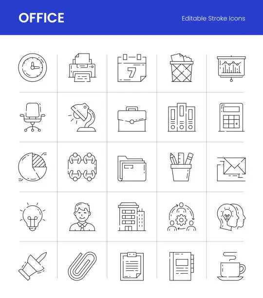 Vector illustration of Office Editable Stroke Line Icons