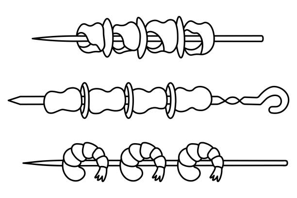 Skewers of meat, chicken and shrimp on a skewer set of pieces of meat and seafood for grilling in doodle style Shashlik of meat, chicken and shrimp on a skewer. Sketch. Set of vector illustrations. Juicy pieces of meat and onions on an iron skewer and seafood prepared for grilling. Coloring book for children. Outline on isolated background. Doodle style. Idea for web design. shish kebab stock illustrations