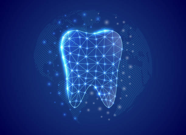 青い世界地図の背景を持つ歯の3d低ポリシンボル。歯科コンセプトデザインイラスト。接続されたドットを持つ口腔学多角形シンボル - europe map world map cartography点のイラスト素材／クリップアート素材／マンガ素材／アイコン素材