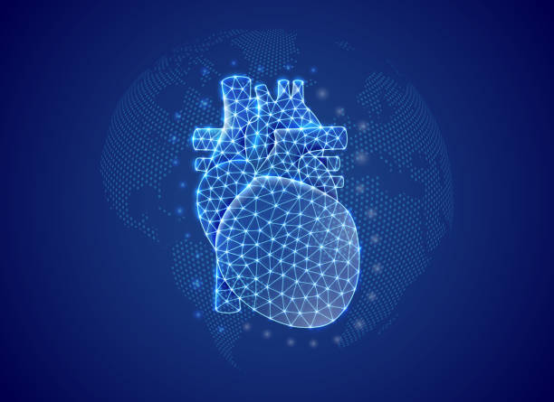istock Heart 3d low poly symbol with blue world map background. Cardiology concept design illustration. Organ anatomy polygonal symbol with connected dots 1414202142