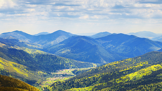 Spring landscape - view of forested mountains, Carpathian mountains, Ukraine