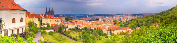 City summer landscape, panorama, banner - top view of the historical center of Prague City summer landscape, panorama, banner - top view of the historical center of Prague, Czech Republic prague skyline panoramic scenics stock pictures, royalty-free photos & images