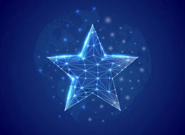Vector illustration of Star 3d low poly symbol with blue world map background. Rating concept design vector illustration. Feedback polygonal symbol with connected dots