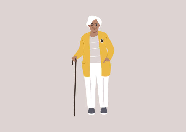 ilustraciones, imágenes clip art, dibujos animados e iconos de stock de un retrato de una dama caucásica mayor con un bastón andante, un personaje de dibujos animados - grandmother