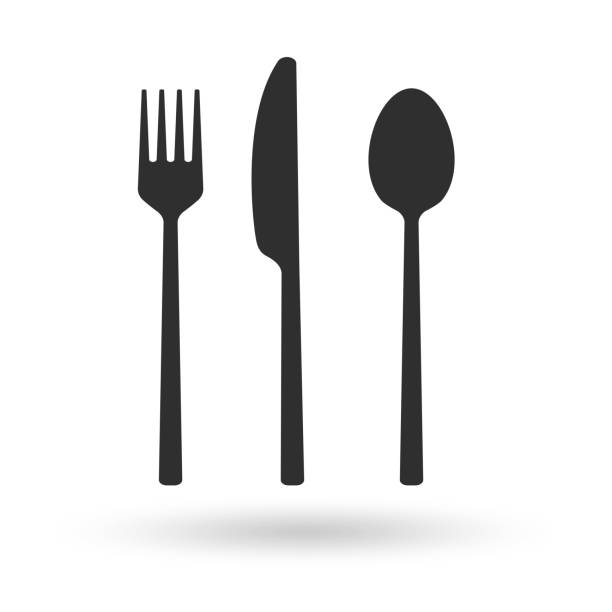 포크, 숟가락, 나이프 아이콘. 커틀리 세트. 현대 실버웨어 또는 식기 블랙 실루엣. 벡터 일러스트레이션. - fork silverware spoon table knife stock illustrations