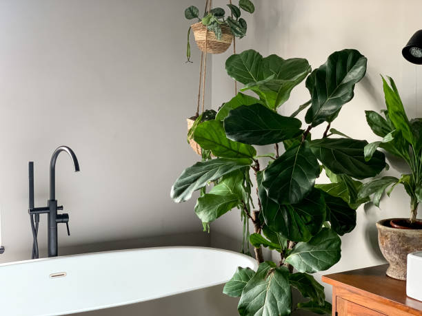 istock Charming cozy bathroom view. Bath tube by the window. 1414205392