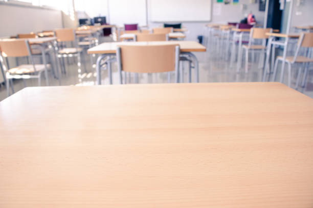 empty school classroom with chairs and desks, back to school stock photo