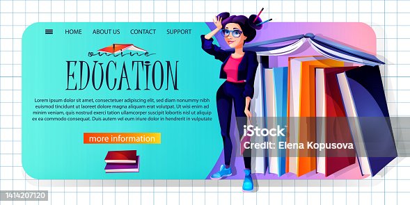 istock Online learning concept in cartoon style. Young student girl with books on abstract color background with place for text.Stylish illustration for online order, web page, app design. 1414207120