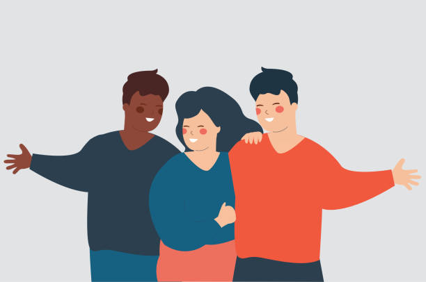 ilustrações de stock, clip art, desenhos animados e ícones de group of young people from different ethnicities hugging each other and celebrating an event.  youth day concept - three people women teenage girls friendship