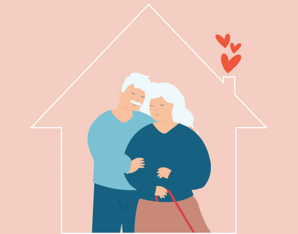 illustrations, cliparts, dessins animés et icônes de un couple de personnes âgées se tient ensemble et s’embrasse chez eux. les grands-parents âgés mari et femme se tiennent la main avec amour. - senior couple isolated couple senior adult