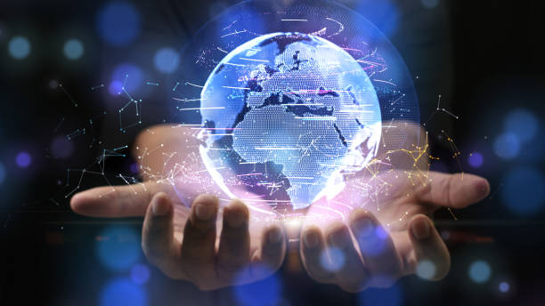 istock Double exposure of businessman touches global network data connection, Technology digital background concept. 3d rendering element 1414207807