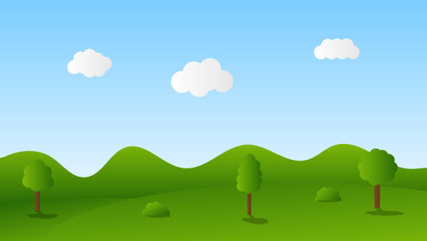 istock landscape cartoon scene. green trees on hills with blue river and white fluffy cloud in summer blue sky background 1414212522