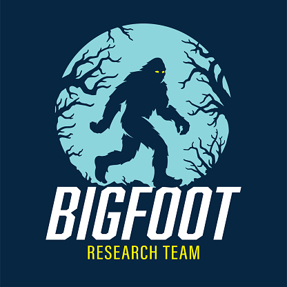 Bigfoot research team poster. Full moon sasquatch silhouette walking emblem. Hairy wild man cryptid sign. Mythical forest creature in the dark woods graphic. Vector illustration.