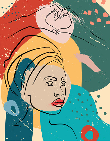 An abstraction with a face and hands. Vector illustration of an African woman's face with a turban. In a minimalistic abstract style. Fashionable illustration and abstract poster.