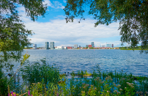 Skyline of a city seen over a lake from a park in a blue and bright sky in summer, Almere, Flevoland, The Netherlands, August, 2022