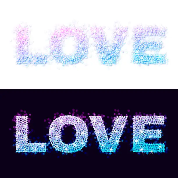 Vector illustration of Holographic glittering pink and blue word love