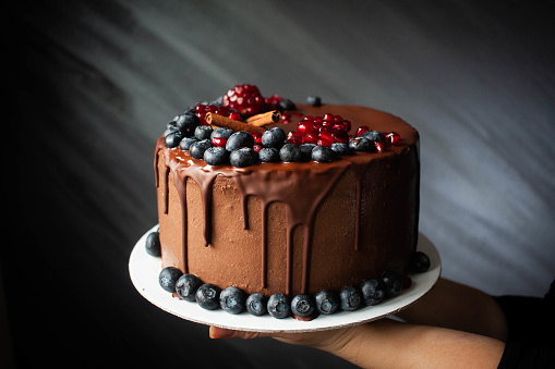 Chocolate cake with blueberries and cinnamon decoration