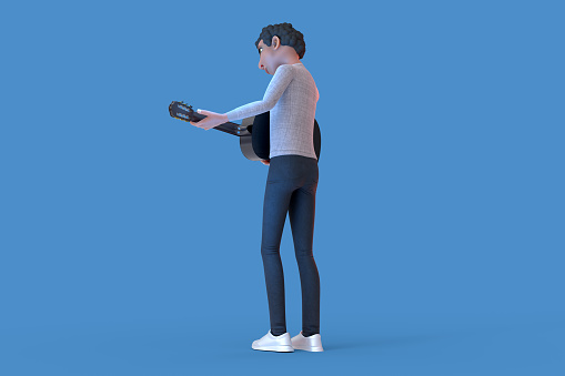 3D rendering of stylized character with guitar