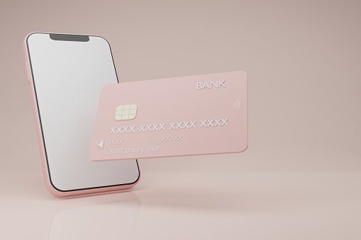 Smartphone blank display with credit card floating on pink background.Shopping mobile app,Cashback and banking,money-saving.money transfer online,Isolate background.3D rendering illustration.