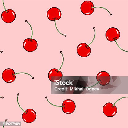 istock Red cherry seamless pattern on pink background 1414217404