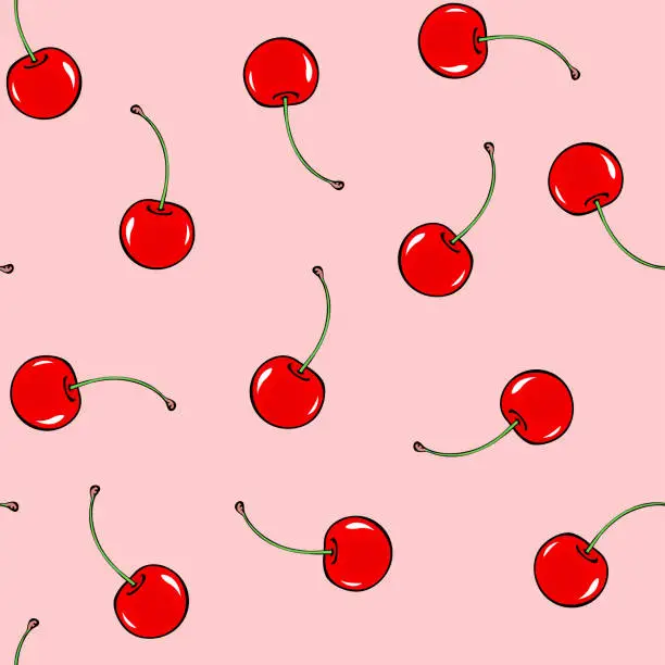 Vector illustration of Red cherry seamless pattern on pink background