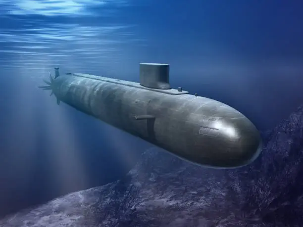 Nuclear submarine traveling underwater. Digital illustration.