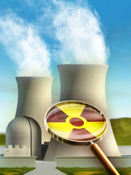 Magnifying lens used to examine a nuclear energy plant. Digital illustration.