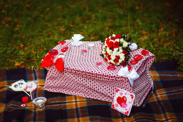 Romantic decorations for marriage proposal with a beautiful bouq