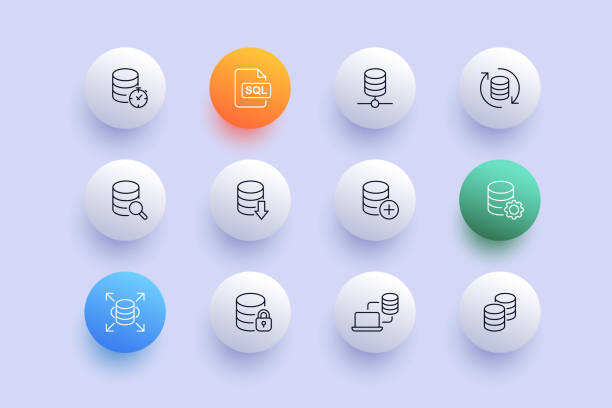 Databases set icon. Stopwatch, sql, structured query language, renew, sync, synchronize, magnifier, arrow, plus, gear, lock, download, search. Data storage concept. Neomorphism. Vector line icon Databases set icon. Stopwatch, sql, structured query language, renew, sync, synchronize, magnifier, arrow, plus, gear, lock, download, search. Data storage concept. Neomorphism. Vector line icon. synchronize stock illustrations