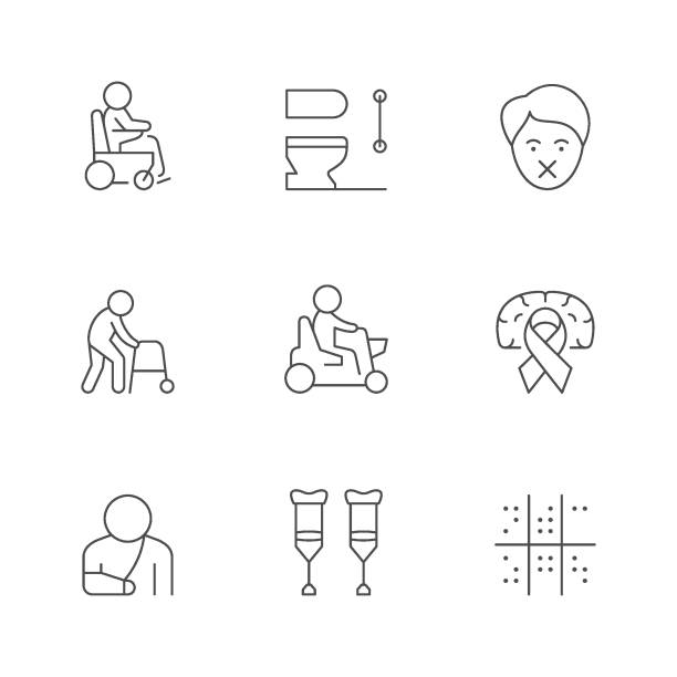 ilustraciones, imágenes clip art, dibujos animados e iconos de stock de establecer iconos de línea de personas discapacitadas - power chair