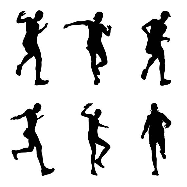 сет бегун спортсмен бежит вниз по склону - running down stock illustrations